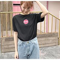 Women\'s Going out Casual/Daily Cute Street chic T-shirt, Solid Print Round Neck Short Sleeve Cotton
