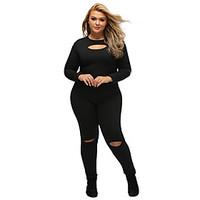 Women\'s Cut Out Black Plus Size Slit Long Sleeve Jumpsuit