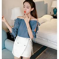 womens casualdaily simple summer blouse solid boat neck short sleeve o ...