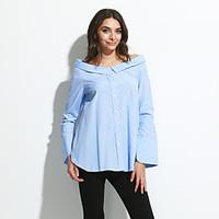 Women\'s Off The ShoulderFlare Sleeve Casual/Daily Simple Spring ShirtStriped Boat Neck Long Sleeve Blue Cotton Thin