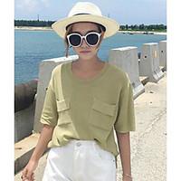 Women\'s Casual/Daily Simple Spring Summer T-shirt, Solid Patchwork Round Neck Short Sleeve Others Thin
