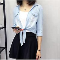 womens casualdaily simple shirt solid stand sleeve cotton thin