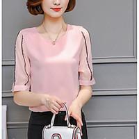 womens casualdaily simple summer blouse solid patchwork round neck len ...