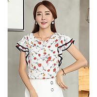 Women\'s Casual/Daily Simple Spring Summer Blouse, Floral Round Neck Short Sleeve Others Thin