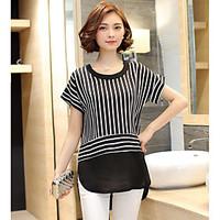 Women\'s Casual/Daily Simple Summer Blouse, Striped Round Neck Short Sleeve Polyester Thin