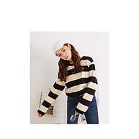 Women\'s Going out Casual/Daily Holiday Cute Summer T-shirt, Solid Striped Round Neck Long Sleeve Cotton Medium