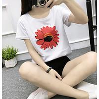 Women\'s Going out Casual/Daily Holiday Boho Cute T-shirt, Solid Floral Round Neck Short Sleeve Cotton Medium