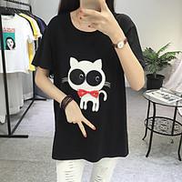 Women\'s Going out Casual/Daily Holiday Cute T-shirt, Solid Animal Print Round Neck Short Sleeve Cotton Medium