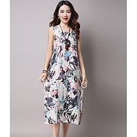 Women\'s Casual/Daily Holiday Shift Dress, Floral Round Neck Midi Sleeveless Cotton Linen Summer Low Rise Inelastic Medium