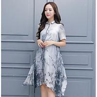 Women\'s Going out Casual/Daily Holiday A Line Dress, Floral Shirt Collar Knee-length Short Sleeve Linen Summer Low Rise Inelastic Medium