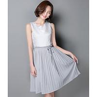 Women\'s Going out Casual/Daily A Line Dress, Solid Round Neck Knee-length Sleeveless Polyester Summer High Rise Inelastic Medium