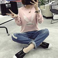 Women\'s Going out Casual/Daily Holiday Simple Cute T-shirt, Solid Letter Round Neck Long Sleeve Cotton Medium