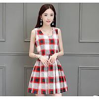 Women\'s Going out Casual/Daily A Line Dress, Striped Round Neck Above Knee Sleeveless Polyester Summer High Rise Inelastic Medium