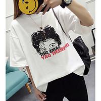 Women\'s Going out Casual/Daily Holiday Cute Chinoiserie T-shirt, Solid Print Round Neck ½ Length Sleeve Cotton Medium