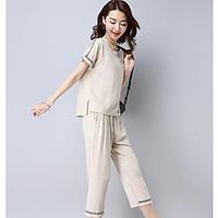 womens casualdaily simple shirt pant suits solid round neck short slee ...