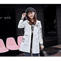Women\'s Going out Casual/Daily Cute Spring Trench Coat, Letter Hooded Long Sleeve Long Cotton
