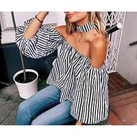 womens casualdaily simple shirt striped strapless long sleeve cotton b ...