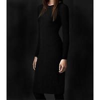 Women\'s Casual/Daily Simple Sheath Dress, Solid Round Neck Knee-length Long Sleeve Others Fall High Rise Micro-elastic Medium