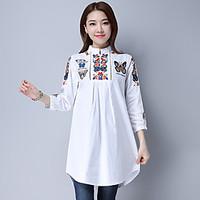 Women\'s Going out Casual/Daily Vintage Chinoiserie Shirt, Solid Embroidered Stand ¾ Sleeve Cotton