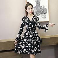 Women\'s Casual/Daily Loose Dress, Jacquard V Neck Knee-length Long Sleeve Polyester Summer Mid Rise Inelastic Medium