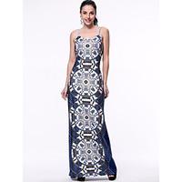 Women\'s Casual/Daily Beach Sheath Dress, Print Strap Maxi Sleeveless Rayon Summer High Rise Micro-elastic Thin