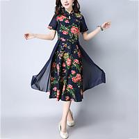 womens slim vintage a line dress print stand midi short sleeve blue re ...