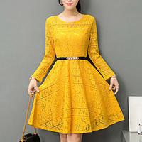 Women\'s Lace Going out Sophisticated Sheath Dress, Solid Round Neck Knee-length Long Sleeve Polyester Red Black Yellow Spring Mid Rise