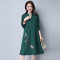 Women\'s Going out Casual/Daily Vintage Simple Chinoiserie Loose Dress, Floral Embroidered Round Neck Knee-length Long Sleeve Cotton Linen