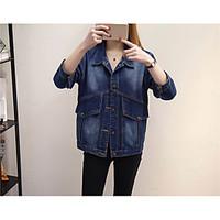 Women\'s Casual/Daily Vintage Simple Spring Fall Denim Jacket, Solid Shirt Collar Long Sleeve Regular Others