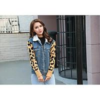 Women\'s Casual/Daily Sexy Vintage Winter Denim Jacket, Leopard Shirt Collar Long Sleeve Regular Cotton Others Patchwork