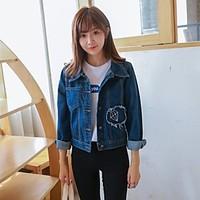 Women\'s Casual/Daily Vintage Simple Spring Fall Denim Jacket, Solid Shirt Collar Long Sleeve Regular Cotton Polyester Embroidered