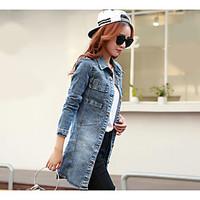 Women\'s Casual/Daily Vintage Simple Spring Fall Denim Jacket, Solid Shirt Collar Long Sleeve Long Others