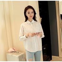 Women\'s Casual/Daily Simple Summer Shirt, Striped Shirt Collar Long Sleeve Polyester