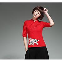 Women\'s Casual/Daily Holiday Vintage Chinoiserie Shirt, Solid Embroidered Stand ½ Length Sleeve Bamboo Fiber Spandex