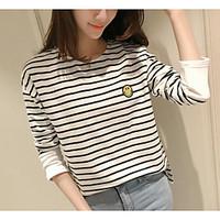 Women\'s Casual/Daily Simple T-shirt, Striped Round Neck Long Sleeve Cotton Thin