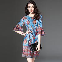 Women\'s Flare Sleeve Going out Casual/Daily Chinoiserie Sheath Dress, Print Round Neck Above Knee ¾ Sleeve Polyester Blue Spring Summer Mid Rise