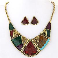 women european style fashion ethnic color block geometric necklace ear ...