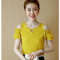 Women\'s Casual/Daily Simple Summer Blouse, Solid Round Neck Short Sleeve Cotton Thin