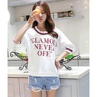 Women\'s Casual/Daily Simple Cute Spring Summer T-shirt, Patchwork Letter Round Neck Short Sleeve Cotton Thin