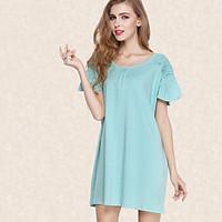 Women\'s Casual/Daily Active Loose T Shirt Dress, Solid Round Neck Knee-length Short Sleeve Cotton Summer Mid Rise Micro-elastic Medium