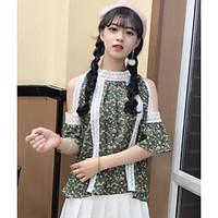 Women\'s Casual/Daily Simple Cute Spring Summer Blouse, Floral Patchwork Round Neck Short Sleeve Others Thin