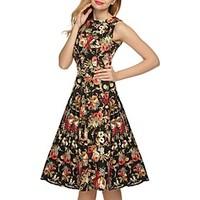 Women\'s Going out Casual/Daily Holiday Vintage Simple Cute A Line Loose Skater Dress, Floral Round Neck Midi Sleeveless RayonAll Seasons
