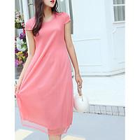 Women\'s Holiday A Line Chiffon Dress, Solid Round Neck Midi Short Sleeve Others Summer Mid Rise Micro-elastic Thin