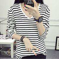 Women\'s Going out Casual/Daily Simple Polo, Striped Round Neck Long Sleeve Spandex