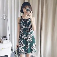 Women\'s Casual/Daily Simple A Line Dress, Solid Floral Halter Knee-length Sleeveless Cotton Summer Fall Mid Rise Micro-elastic Medium