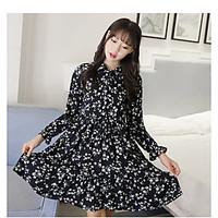 Women\'s Going out Party Sexy Cute Swing Dress, Solid Floral Round Neck Above Knee Long Sleeve Cotton Summer High Rise Inelastic Thin