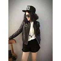 womens casualdaily simple fall leather jacket solid round neck long sl ...