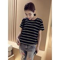 Women\'s Casual/Daily Simple Summer T-shirt, Striped Round Neck Short Sleeve Polyester