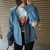 Women\'s Going out Street chic Sophisticated Spring Fall Denim Jacket, Solid Square Neck Long Sleeve Short Cotton