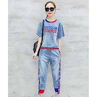 Women\'s Casual/Daily Street chic T-shirt Pant Suits, Solid Round Neck Short Sleeve Denim Micro-elastic